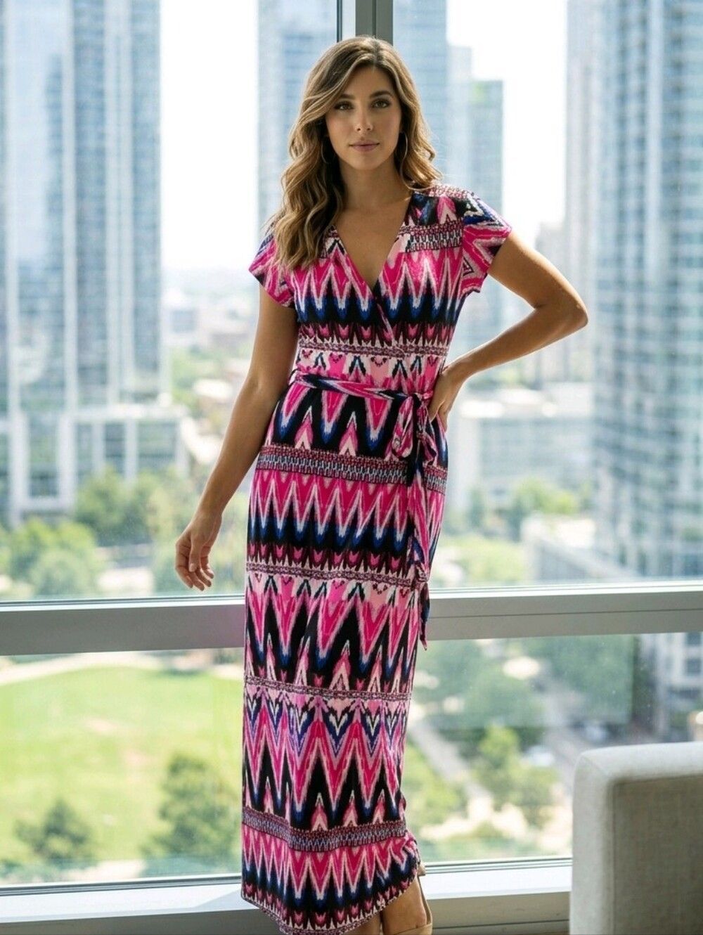 Cato Vibrant Pink Chevron Maxi Dress Jersey Knit Faux Wrap Belted Large Comfy